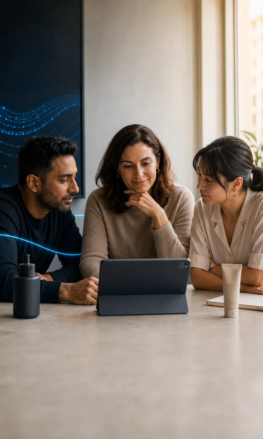 The Reach team reviewing Amazon performance together on a tablet