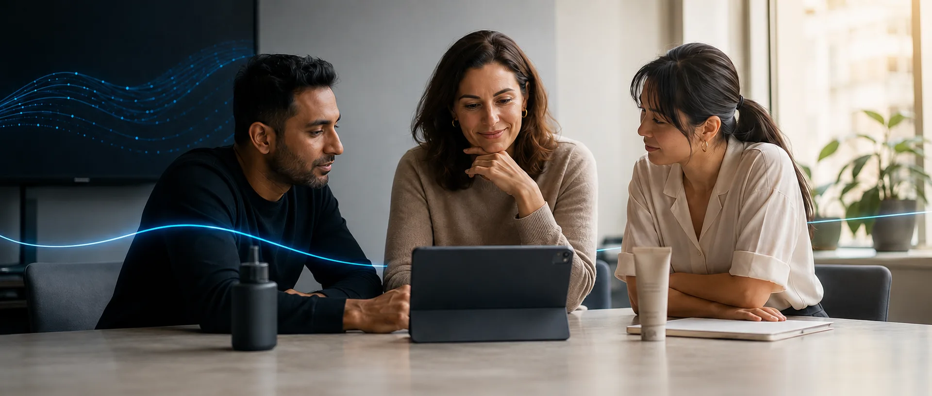 The Reach team reviewing Amazon performance together on a tablet